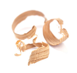 Wood shavings isolated on white background. Wooden shaving