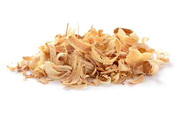 Wood shavings isolated on white background. Wooden shaving