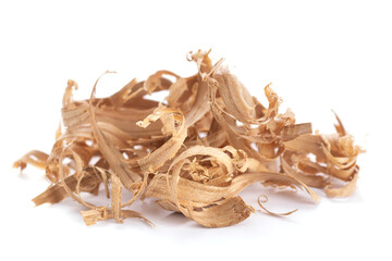 Wood shavings isolated on white background. Wooden shaving