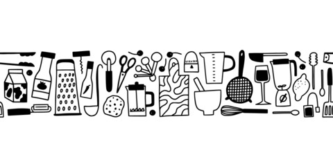 Kitchen seamless border. Cute doodle cooking utensils in trendy decoration for cafe, restaurant, menu. Hand drawn chef equipment and ingredients in retro kitchen vector illustration.