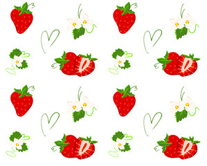 Hand drawn seamless pattern of strawberries with flowers. Can be used as print on package or textile. Vector colourful illustration.