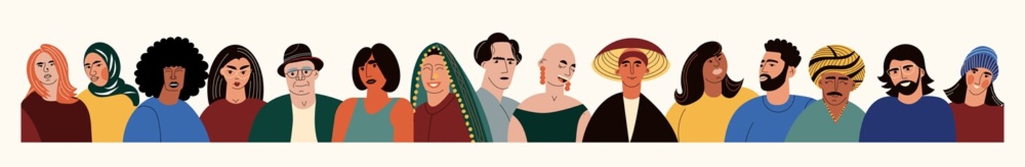 Fototapeta premium Diversity and inclusion concept illustration with different culture people portraits. Cultural diversity web banner of colorful diverse people group. Flat vector cartoon pattern isolated on white
