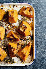 tray of rustic golden baked pumpkin