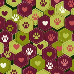Seamless pattern background with hearts and footprints of home pet in hexagons. Vector. Good for decoration of wrap, goods for pets.
