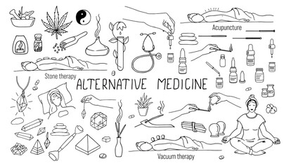 A set of isolated vector illustrations on the topic of Alternative medicine in the doodle style. Aroma, Stone therapy , Vacuum therapy, Acupuncture therapy.