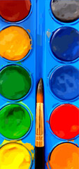 Pallet of watercolor paints and brush. Vertical vector illustration for background.