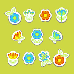stickers set funny flowers vector multicolored simple