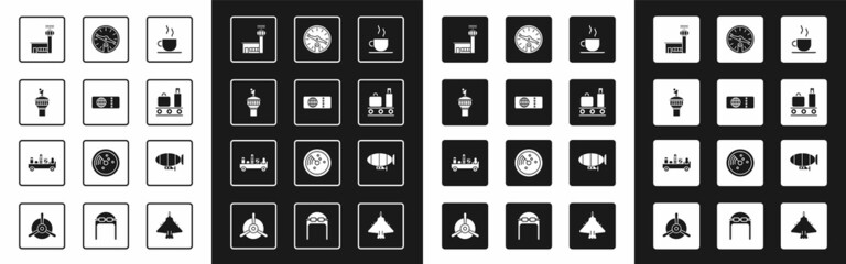 Set Coffee cup, Airline ticket, Radar, Airport control tower, conveyor belt with suitcase, Compass, Airship and luggage towing truck icon. Vector - obrazy, fototapety, plakaty