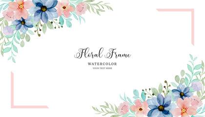 Blue pink floral frame with watercolor