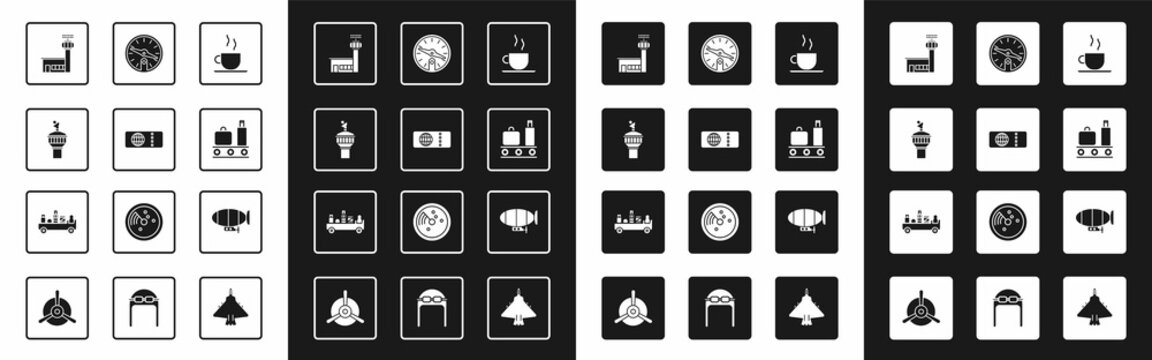 Set Coffee cup, Airline ticket, Radar, Airport control tower, conveyor belt with suitcase, Compass, Airship and luggage towing truck icon. Vector