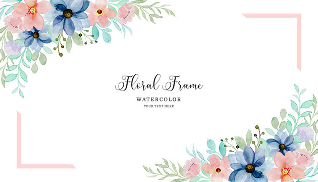 Blue pink floral frame with watercolor