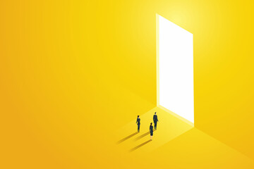 Three businessmen stood in front of a huge door shining in the light - obrazy, fototapety, plakaty
