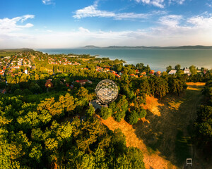 Orb lookout point in Balatonboglar Hungary. Lake balaton and Bafdacsony mountain is on the...