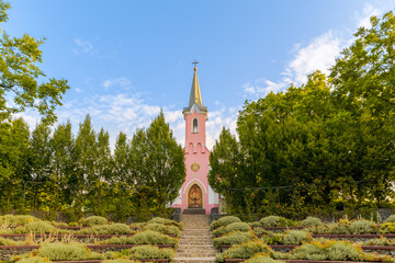 Red chapel in Balatonboglar Hungary. The chapel it has  on the Saint Erzsebet park. Barany Pal...