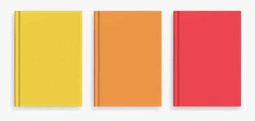 Rectangular vector blank warm colors realistic book cover mockups set, closed organizer or notebook cover template with sheet of A4. Front view of yellow, orange and red notepad with binding mock up