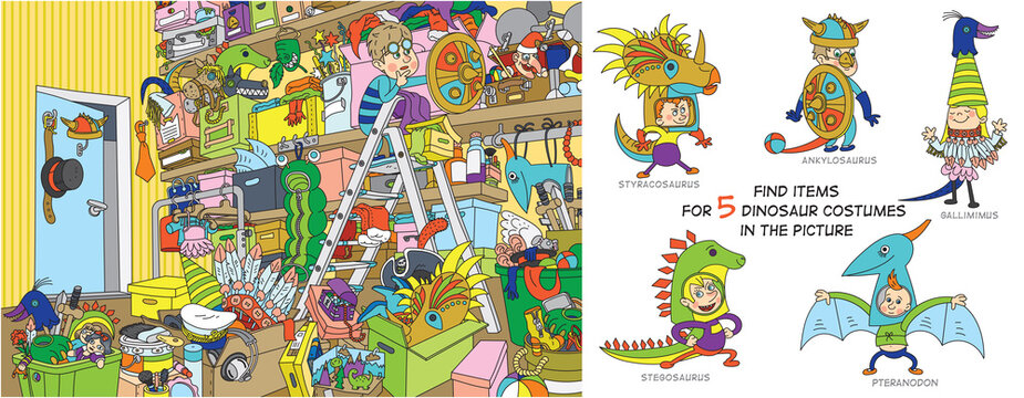 Dressing room. Cheerful vector illustration. Find 5 dinosaur costume parts in the picture.Puzzle Hidden Items. Funny cartoon characterПечать