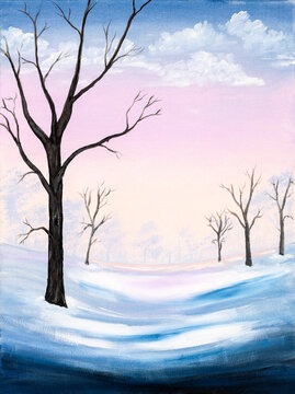 Naive style oil painting of a beautiful rural winter landscape with trees, snow, and cloudy skies. Christmas Holiday concept.