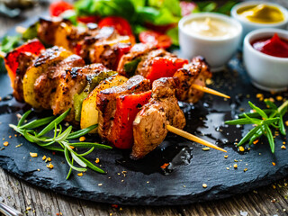 Skewers - grilled meat with fresh vegetables on wooden background
