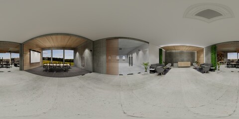 3d illustration spherical 360 vr degrees, a seamless panorama of the room and  office meeting room . interior design 3D rendering.reception in a modern panoramic office. © anon
