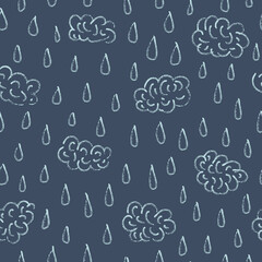 Vector rainy clouds navy blue seamless pattern