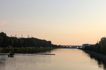 Petersburg, Krestovsky Island. July 15, 2021. Grebnoy channel for training rowers. Evening, sunset....