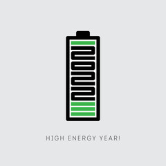 2022 is charged with new achievements, ideas and conquering new heights. High energy year. Motivational, inspirational poster. Happy new year. Vertical battery with a full charge of energy. Vector.