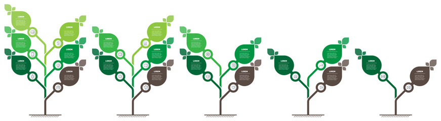 Business presentation with five steps or processes. Set of Vertical infographics or timelines with 2, 3, 4, 5 and 6 parts. Info graphic. Development and growth of the green technology in the world.