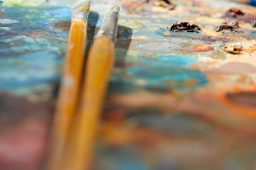 Row of artist paint brushes closeup