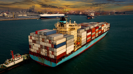 ship container transporting large cargo logistic import export goods internationally worldwide and shipping port background