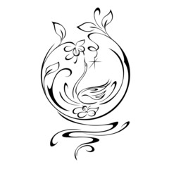 ornament 1927. round ornament with stylized swan, flowers and curls. graphic decor