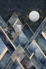Art background. marble, gold, watercolor, paint brush texture mountains. Abstract mountains collage. Background, wallpaper, fabric