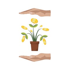 Icon money tree with golden coins, green leaves and hands. Money saving concept Illustration. Vector EPS 10.
