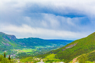 Beautiful valley panorama Norway Hemsedal Skicenter with snowed in Mountains.