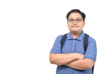 Smart boy student wear eye glasses and blue polo shirt with school bag