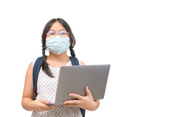 girl student wear mask and hold laptop isolated on white background, new normal