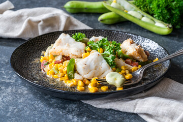 Cod, sweetcorn and broad beans succotash