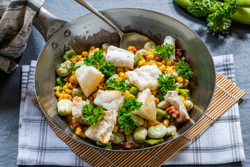 Cod, sweetcorn and broad beans succotash