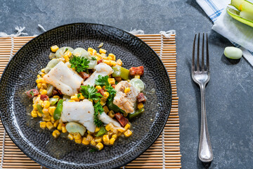 Cod, sweetcorn and broad beans succotash