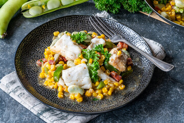 Cod, sweetcorn and broad beans succotash