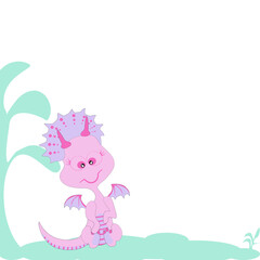 Cartoon image in pastel tones of front view  of a cute pink girl dinosaur smiling and sitting on a white background.  Vector isolate flat design hand drawn for greeting card, posters or kids T-shirts.