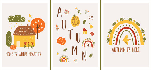 Autumn mood. Thanksgiving poster templates set. Cute houses landscape. Fall season nature cards.