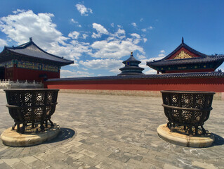 Chinese archways, pagodas, temples and palaces with heaven sky clouds and ornaments landmarks...
