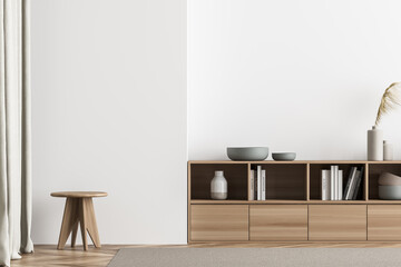 Minimalist light beige living room with stool