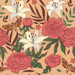 Seamless floral pattern with lilies and peonies. Vector graphics.