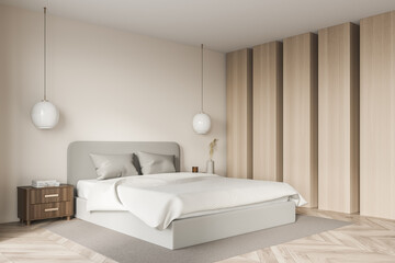 Fototapeta na wymiar Bright bedroom interior with large bed, closet and wardrobe