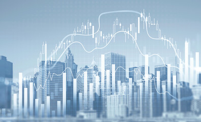 Financial candlesticks bar charts over New York panoramic city view. The concept of international business and consulting. Double Exposure.
