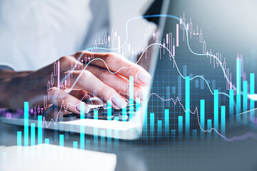 Various financial charts showing increase of price in stock market, digitalization and internet...