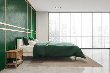 Bright malachite green panoramic bedroom. Side view. - obrazy, fototapety, plakaty
