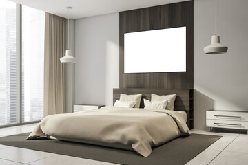 Bedroom interior with large bed, empty poster, panoramic window, bedsides