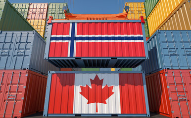 Fototapeta premium Freight containers with Canada and Norway national flags. 3D Rendering 